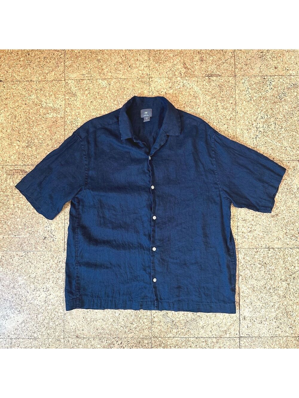H&M Linen Button Up Shirt Men's MED Navy Blue Loose Fit Short Sleeve 100% Linen